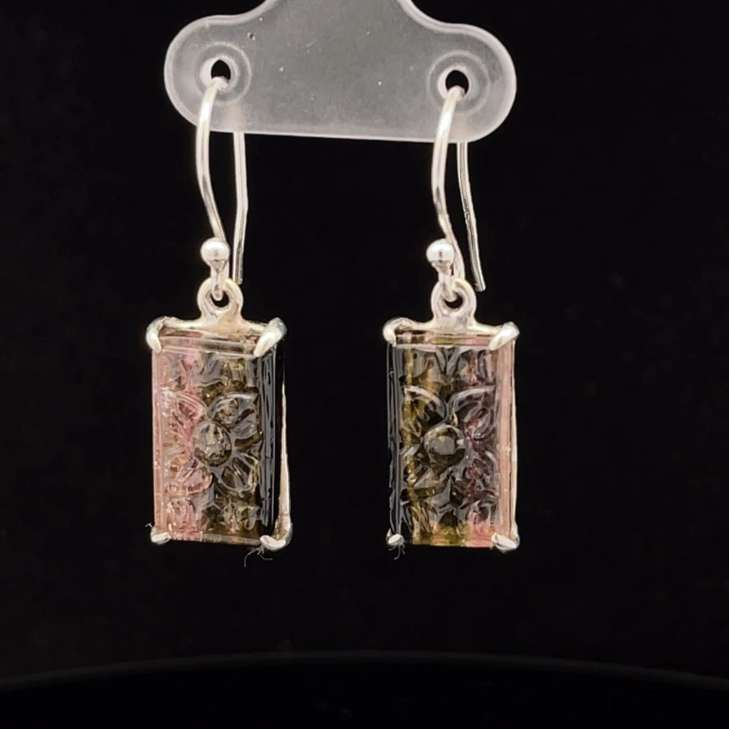 Sterling Silver Carved Watermelon Tourmaline Earrings