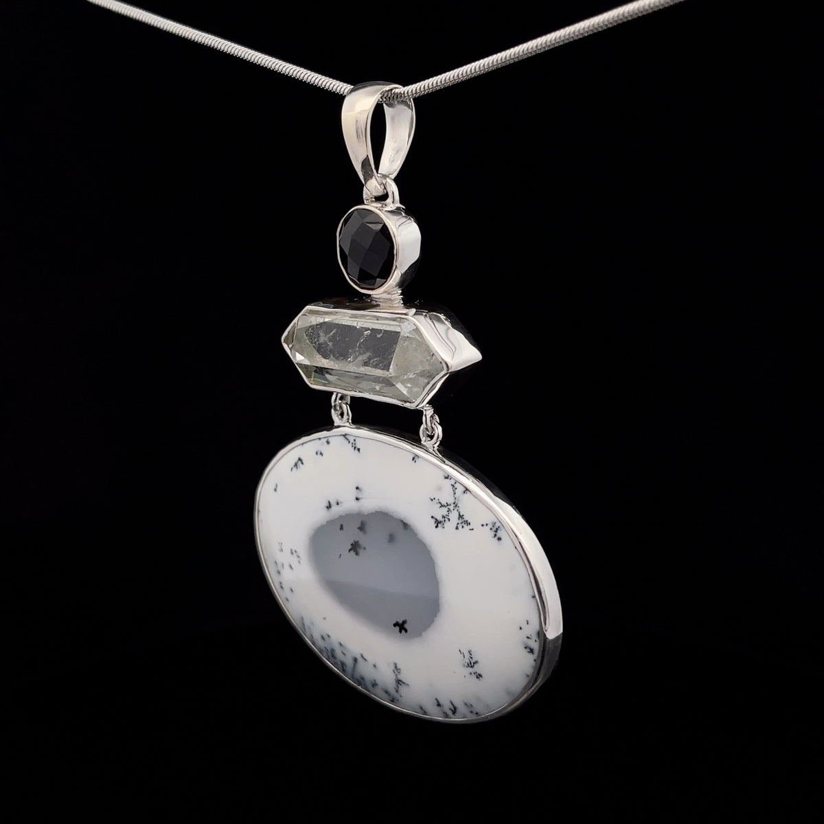 Sterling Silver Dendritic Opal, Quartz and Black Spinel Pendant