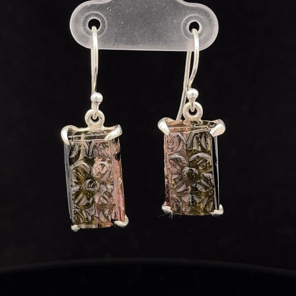 Sterling Silver Carved Watermelon Tourmaline Earrings
