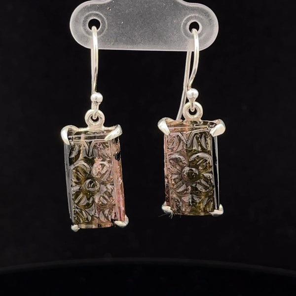 Sterling Silver Carved Watermelon Tourmaline Earrings