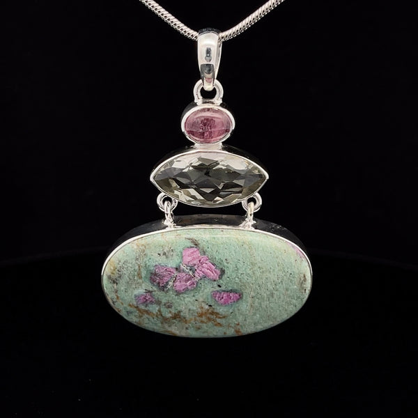 Sterling Silver Ruby In Fuschite, Green Amethyst and Ruby Pendant