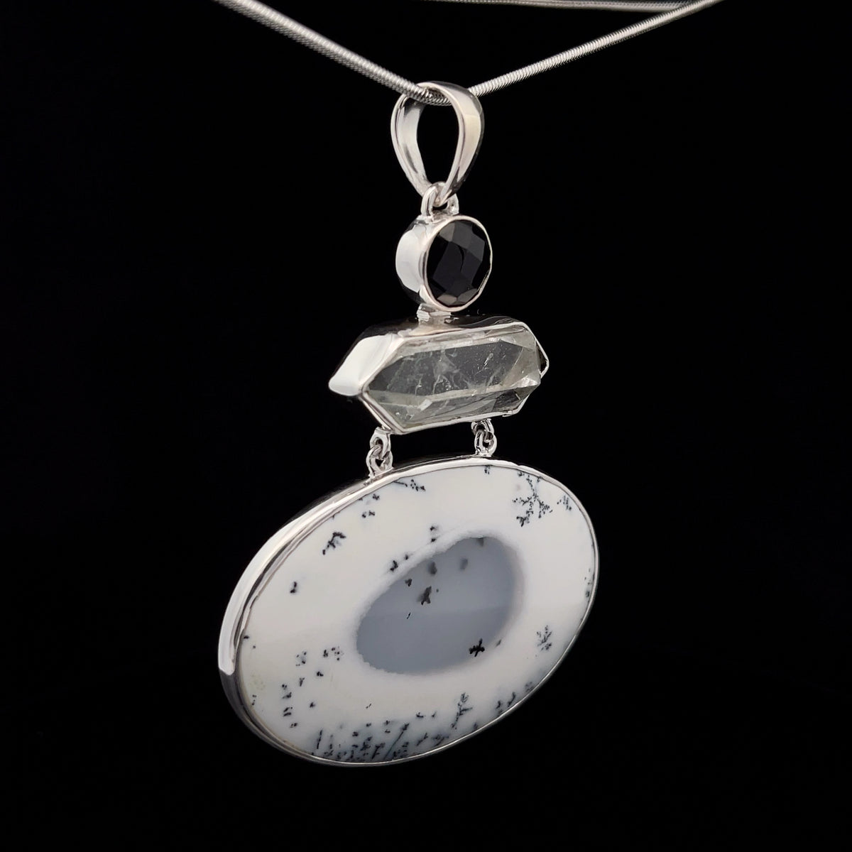 Sterling Silver Dendritic Opal, Quartz and Black Spinel Pendant