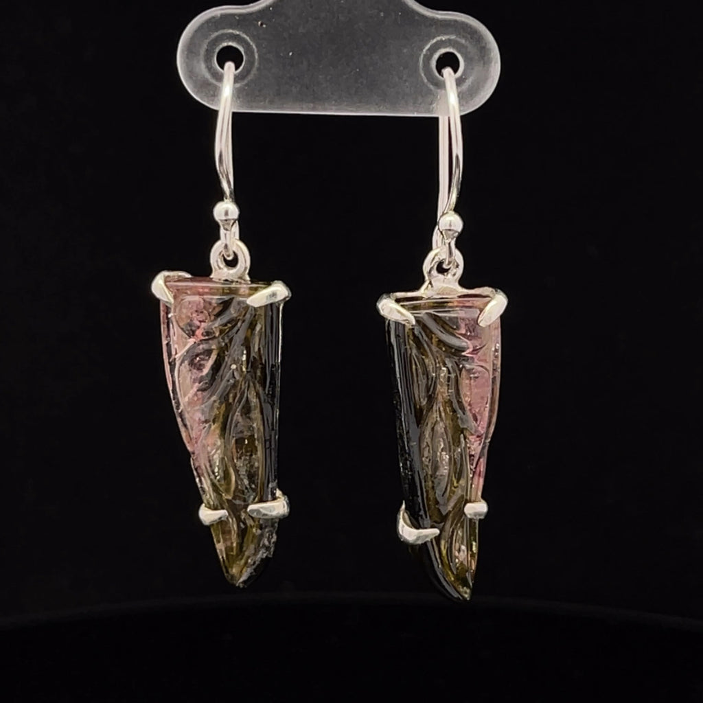 Sterling Silver Carved Watermelon Tourmaline Earrings