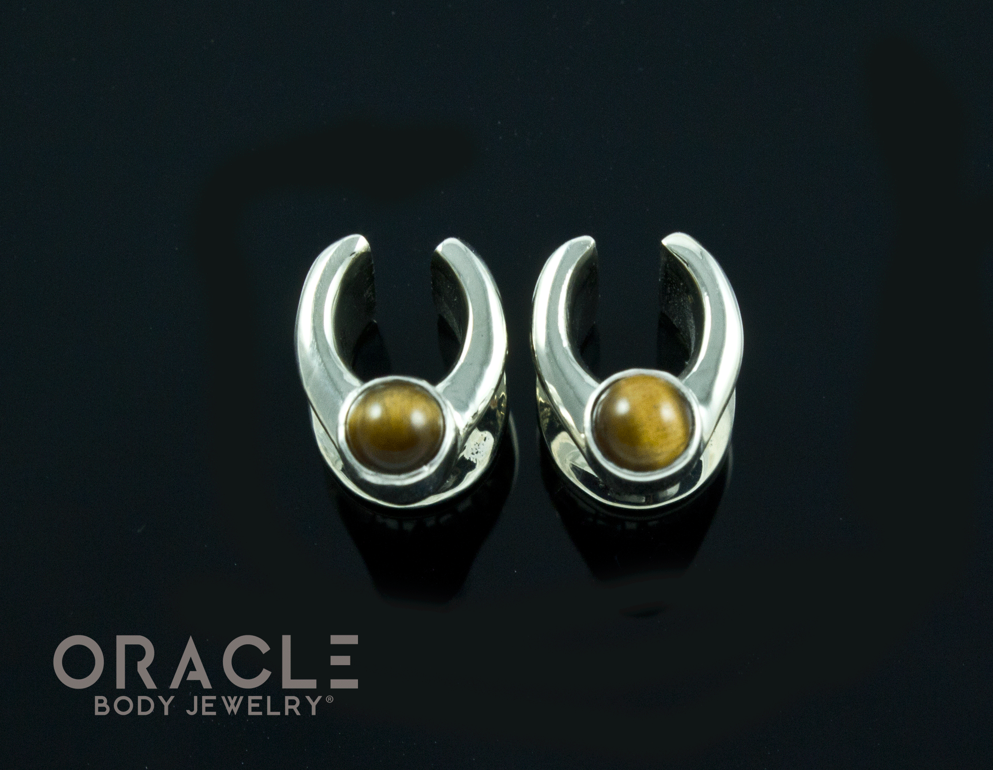 0g (8mm) White Brass Saddles with Yellow Tiger Eye