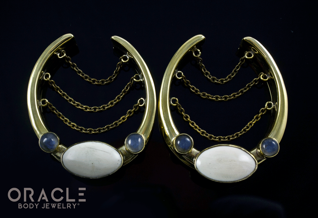 1-3/4" (44mm) Brass Saddles with Chains, Fossil Mammoth and Labradorite