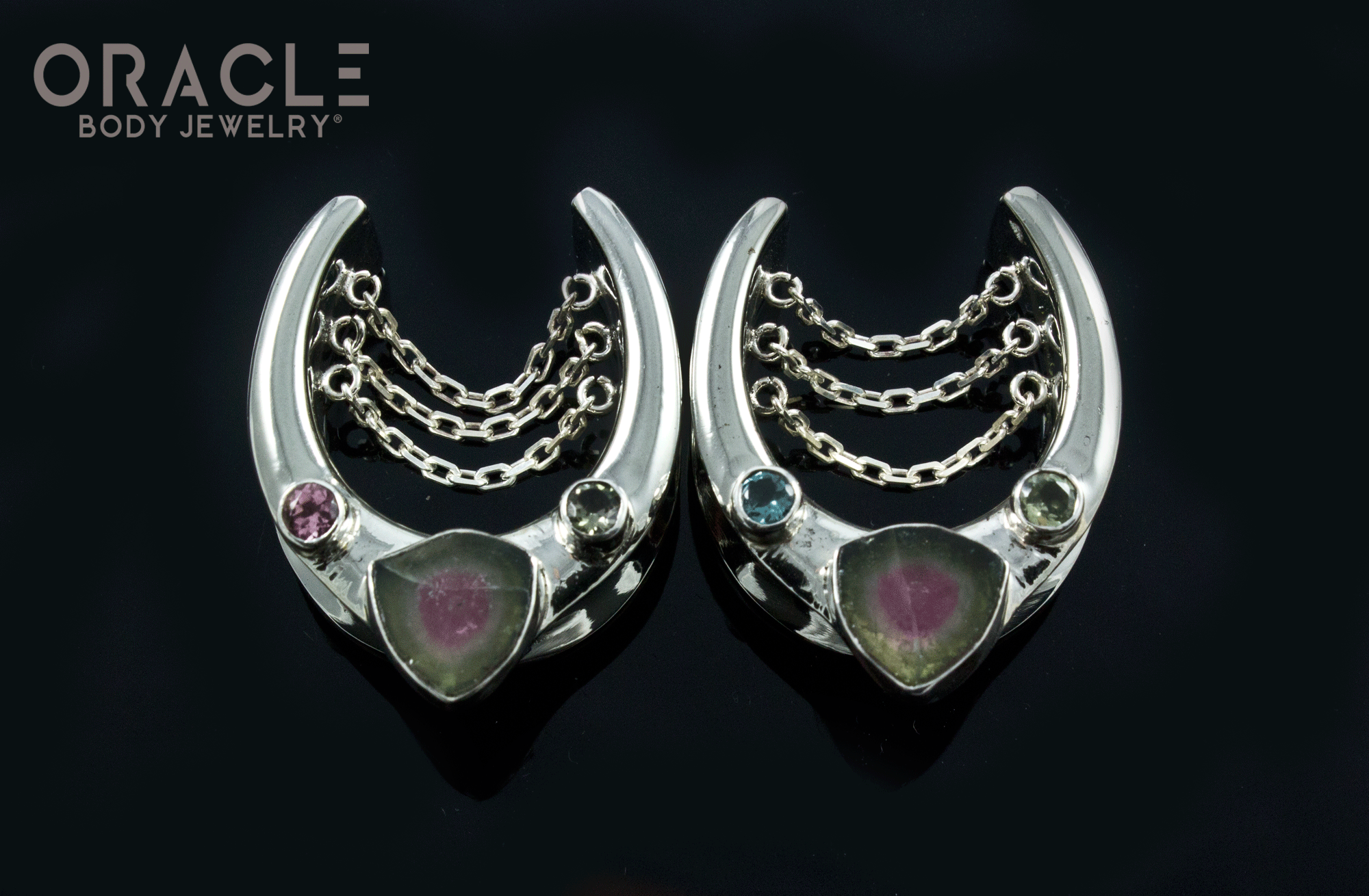 1" (25mm) White Brass Saddles with Chains and Watermelon and Multi Color Tourmaline
