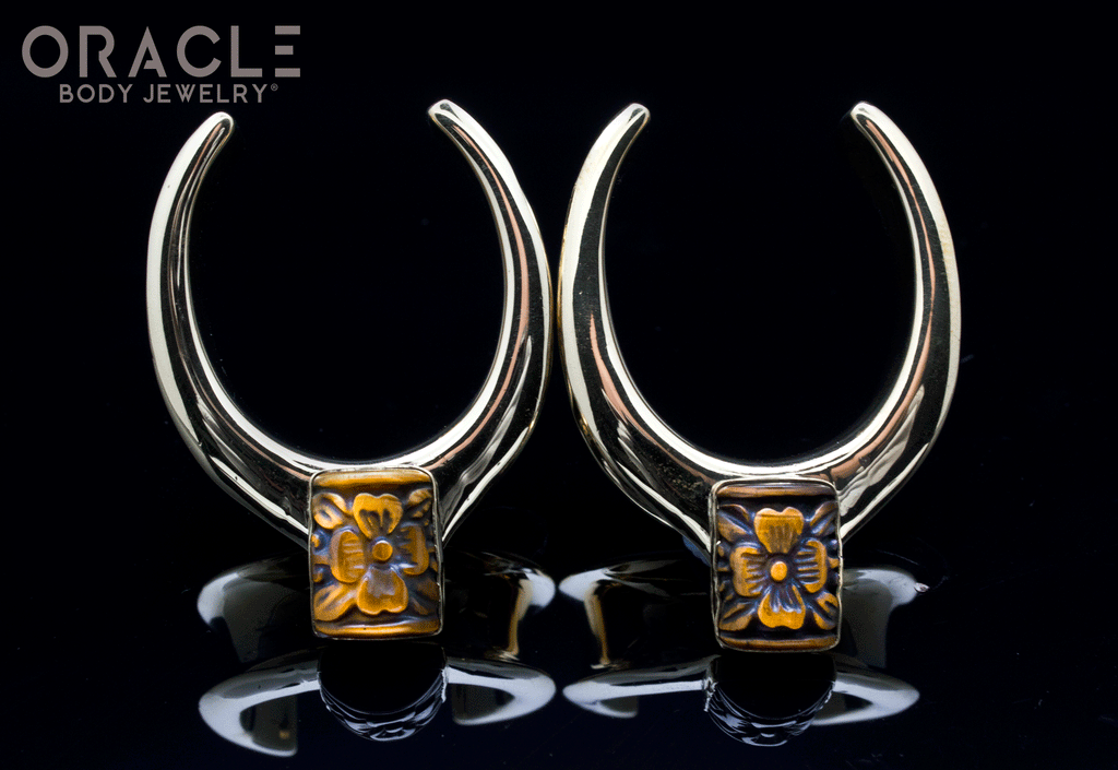 1-1/4" (32mm) Brass Saddles with Yellow Tiger Eye Carved Flowers