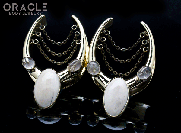 1-1/2" (38mm) Brass Saddles with Chains and Fossil Mammoth Ivory and Rutilated Quartz