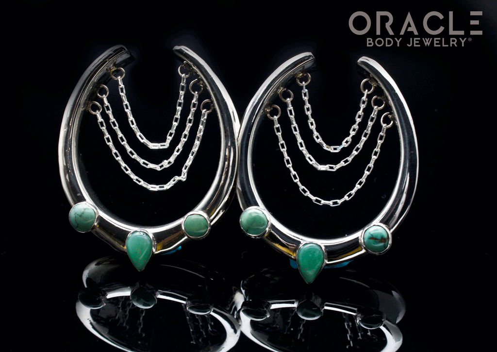 1-5/8" White Brass Saddles with Chains and Chrysoprase and Natural Turquoise