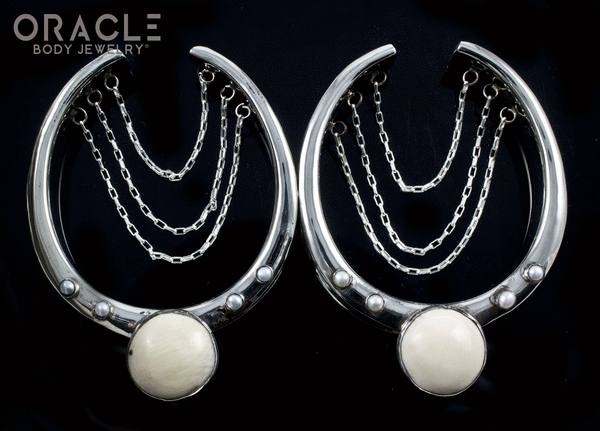 2" (51mm) White Brass Saddles with Chains and Fossil Mammoth and Pearls