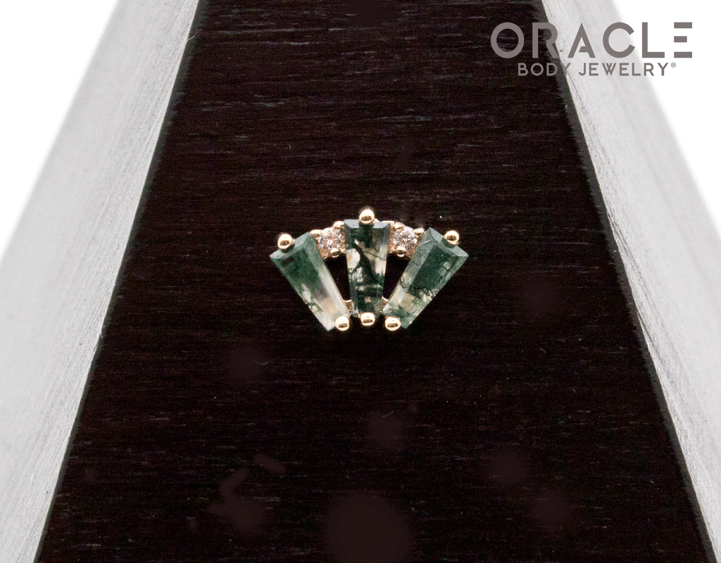 14k Yellow Gold Triple Crown Moss Agate and Diamonds Threadless End