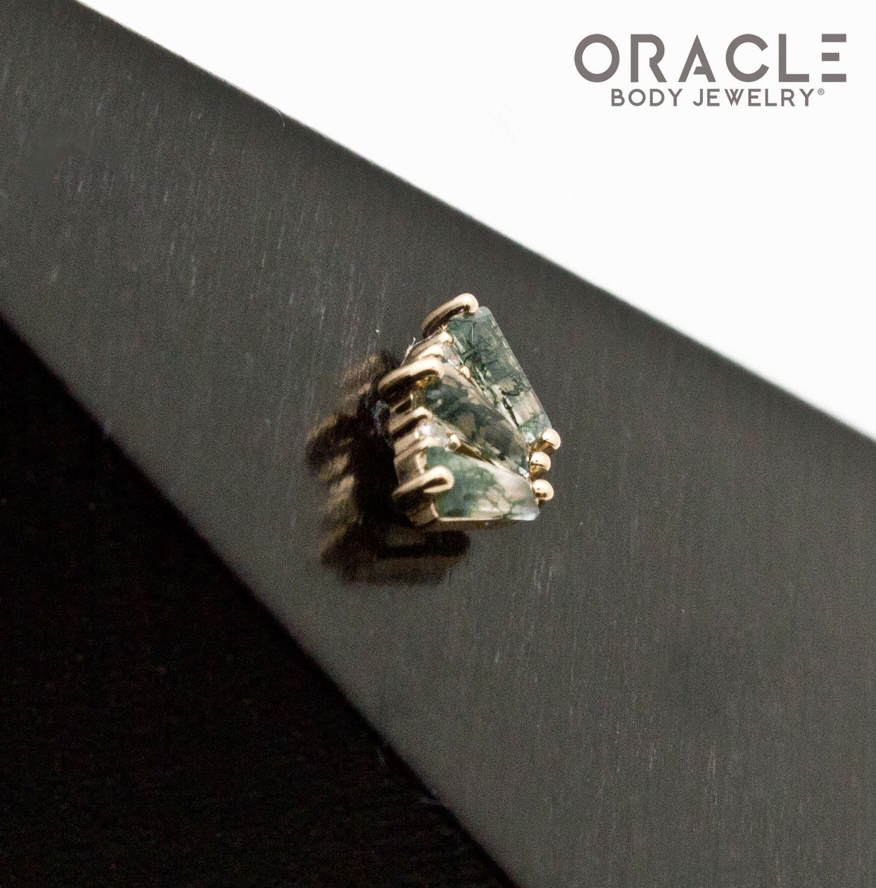 14k Yellow Gold Triple Crown Moss Agate and Diamonds Threadless End