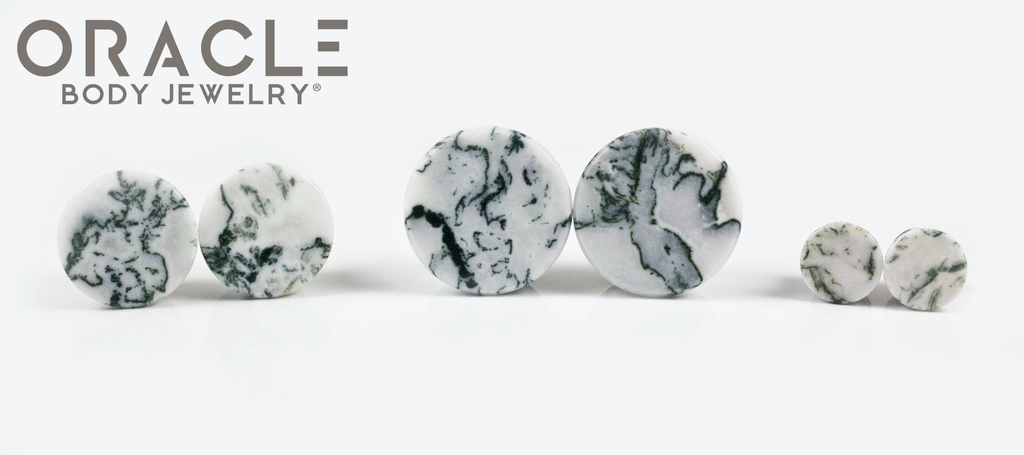 Green Tree Agate Mayan Style Flare Plugs