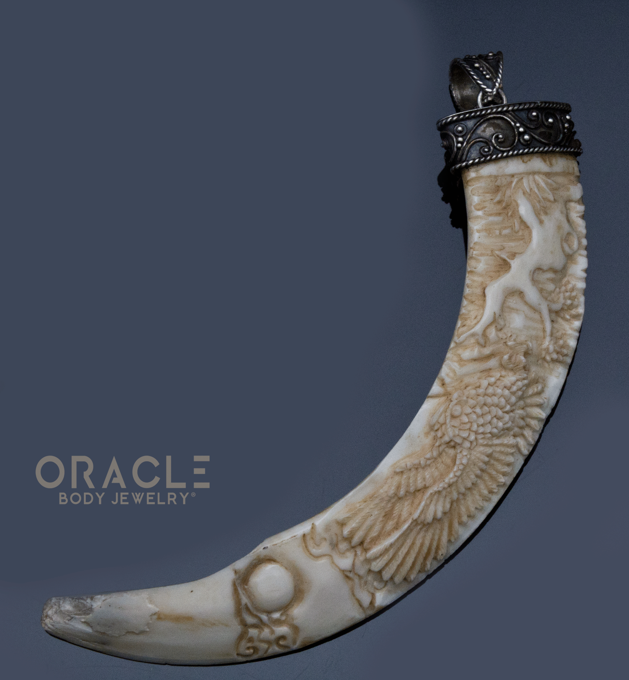 Boar's Tusk Pendant with Carved Cherry Blossom and Owl and Silver Filigree