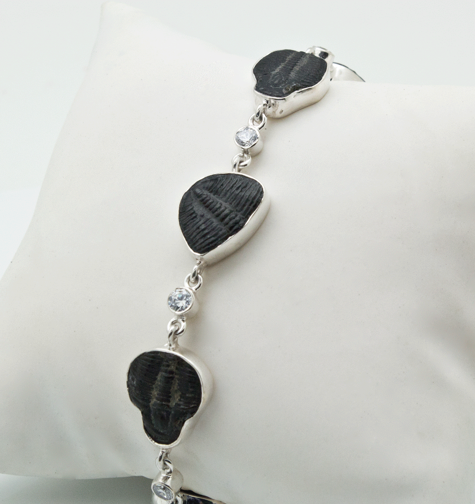 Sterling Silver Fossilized Trilobites and CZ Bracelet