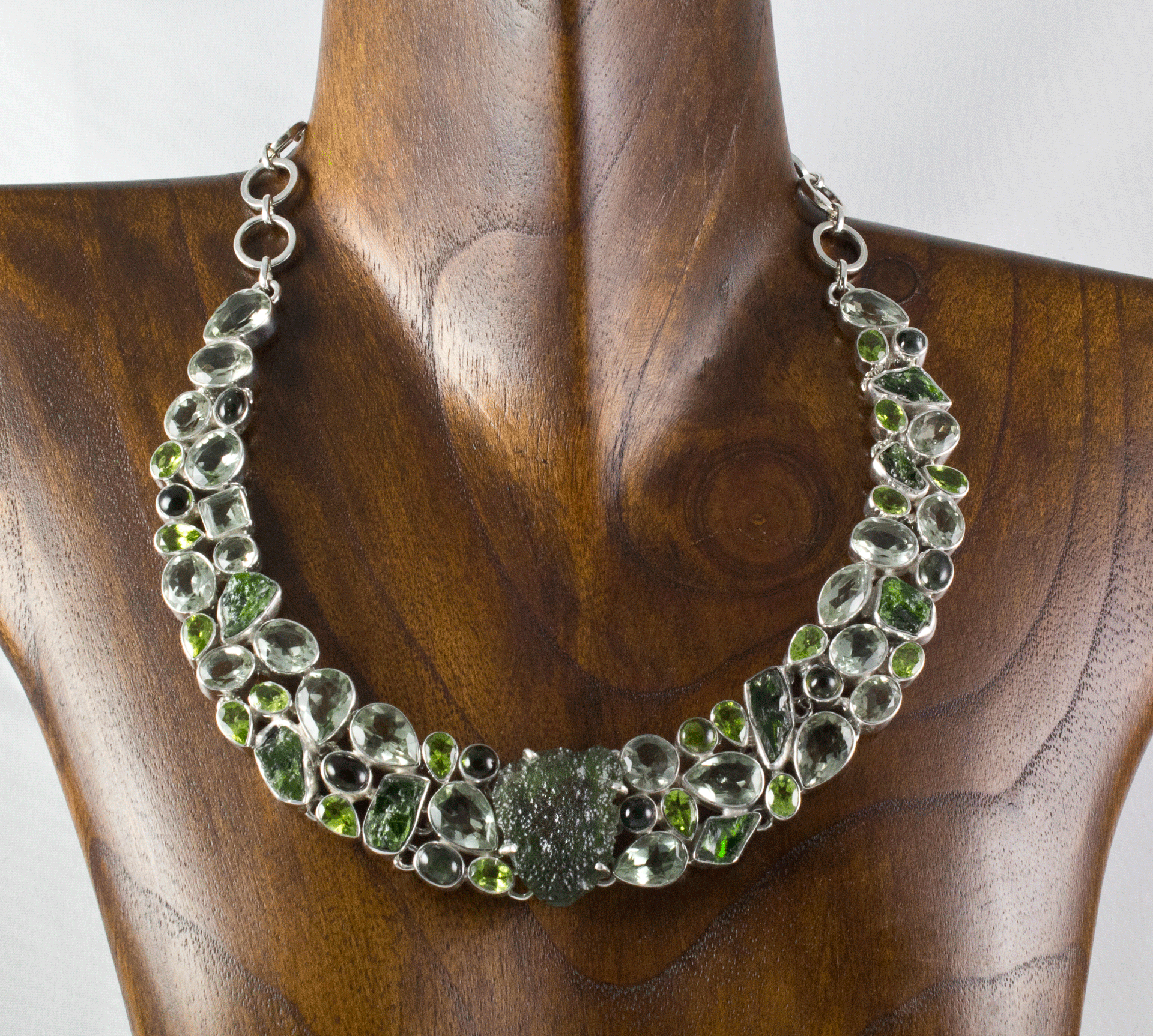 Sterling Silver Moldavite with Chrome Diopside, Green Amethyst and Peridot Necklace