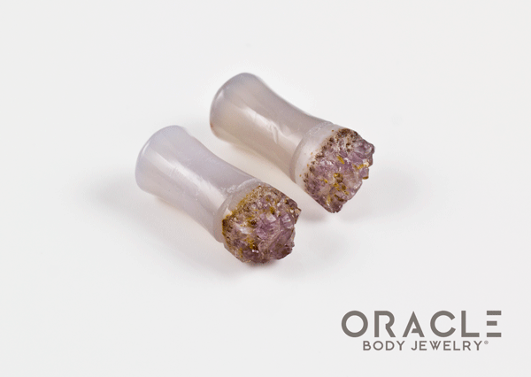 2g (6.5mm) Double Flare Druzy Rough Amethyst Plugs