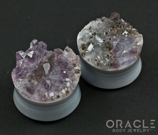 1-1/8" (28mm) Double Flare Druzy Rough Amethyst Plugs