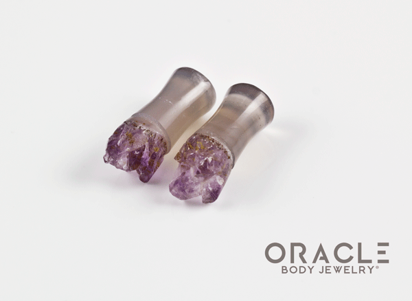 2g (6.5mm) Double Flare Druzy Rough Amethyst Plugs