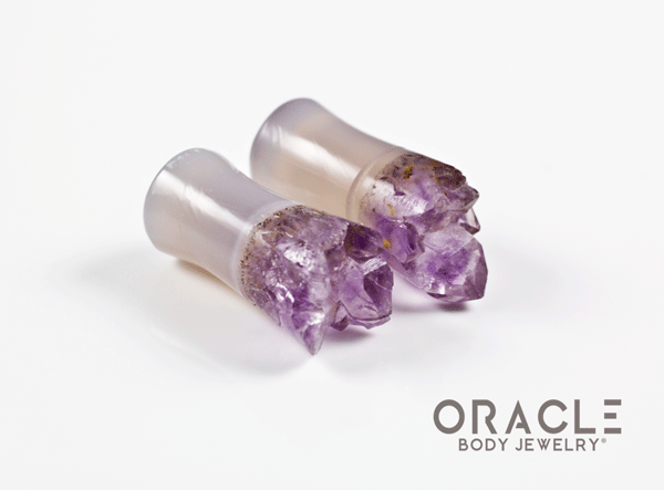 0g (8mm) Double Flare Druzy Rough Amethyst Plugs