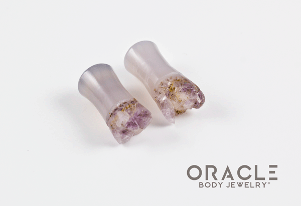 2g (6.5mm) Double Flare Druzy Rough Amethyst Plugs