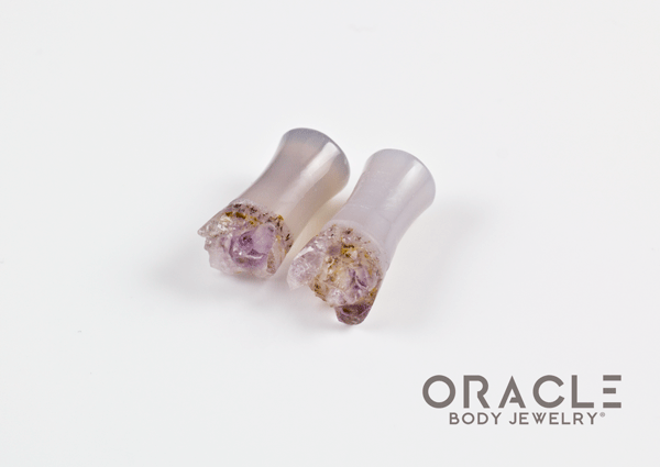 2g (6.5mm) Double Flare Druzy Rough Amethyst Plugs