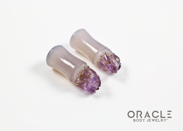 2g (6.5mm) Double Flare Druzy Rough Amethyst Plugs