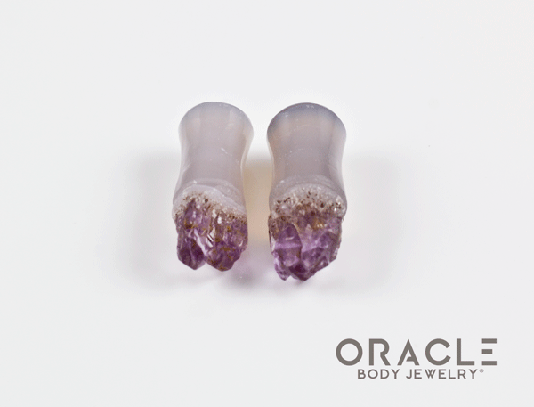 2g (6.5mm) Double Flare Druzy Rough Amethyst Plugs