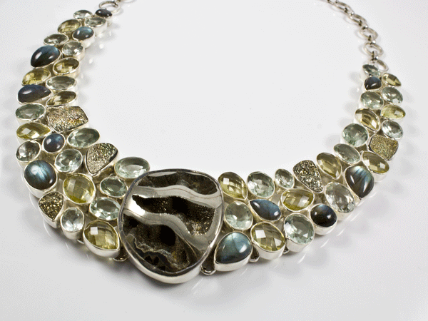 Sterling Silver Pyritized Ammonite, Green Amethyst, Citrine and Labradorite Necklace