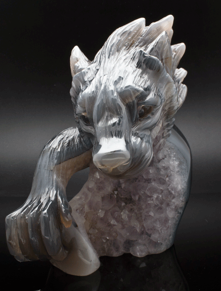 Agate and Amethyst Druzy Wolf Carving