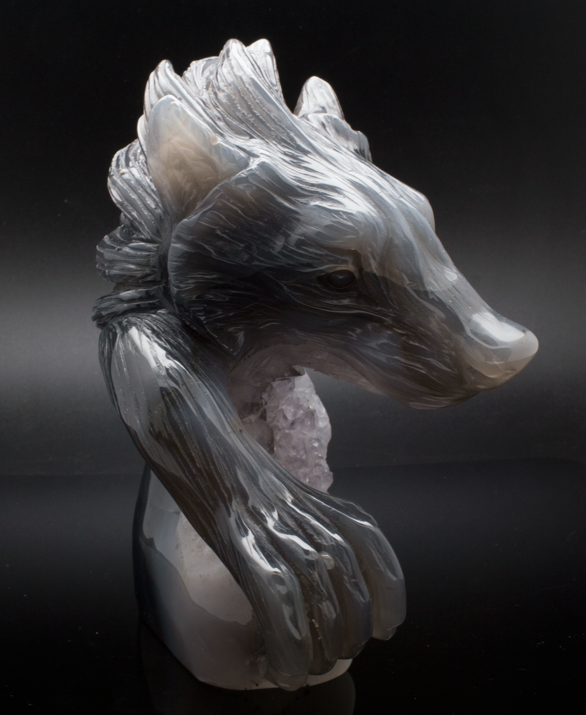 Agate and Amethyst Druzy Wolf Carving