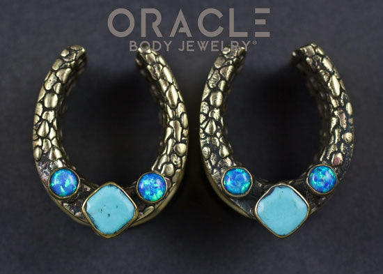 7/8" (22mm) Brass Saddles with Nugget Texture and Natural Turquoise and Blue Synthetic Opals