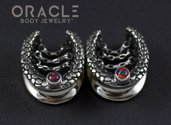 3/4" (19mm) White Brass Saddles with Nugget Texture, Chains and Black Synthetic Opals