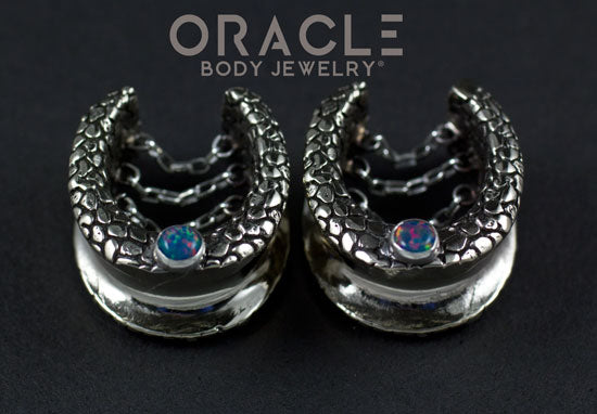 3/4" (19mm) White Brass Saddles with Nugget Texture, Chains and Blue Synthetic Opal