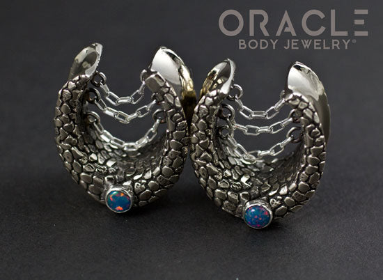 3/4" (19mm) White Brass Saddles with Nugget Texture, Chains and Blue Synthetic Opal