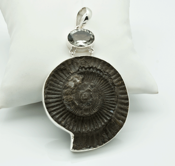 Steel Ammonite and Green Amethyst Pendant