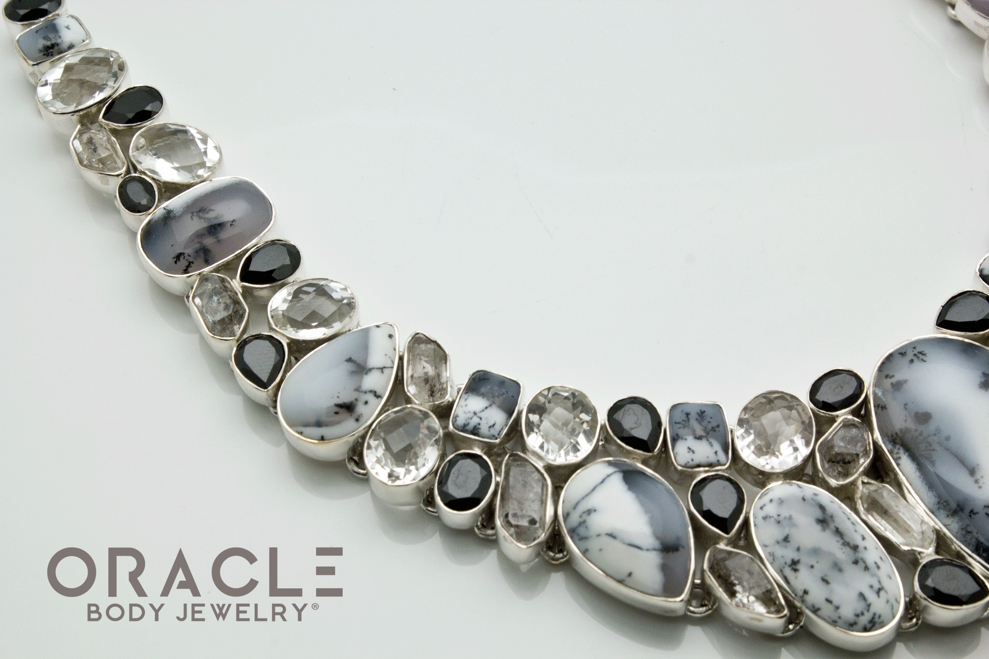 Sterling Silver Dendritic Opal with Herkimer Diamond and Faceted Quartz and Black Spinel Necklace