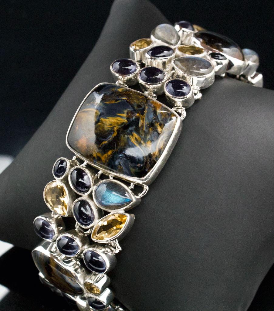 Sterling Silver Pietersite Bracelet with Labradorite, Citrine, Iolite Accents