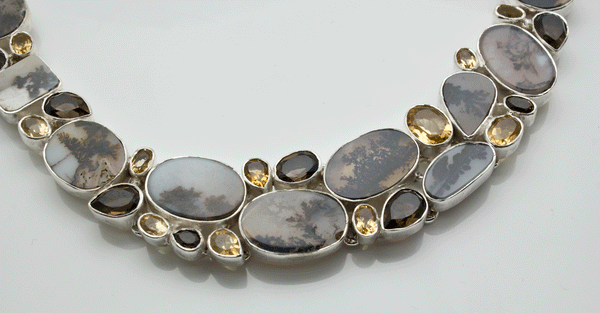 Sterling Silver Scenic Dendritic Agate with Smoky Quartz and Citrine Necklace