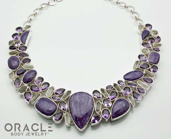Sterling Silver Charoite Necklace with Faceted Amethyst, Charoite and Raw Quartz Accents