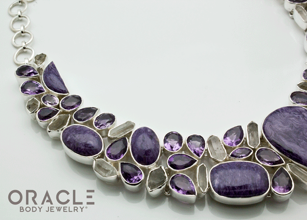 Sterling Silver Charoite Necklace with Faceted Amethyst, Charoite and Raw Quartz Accents