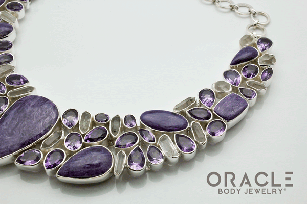 Sterling Silver Charoite Necklace with Faceted Amethyst, Charoite and Raw Quartz Accents