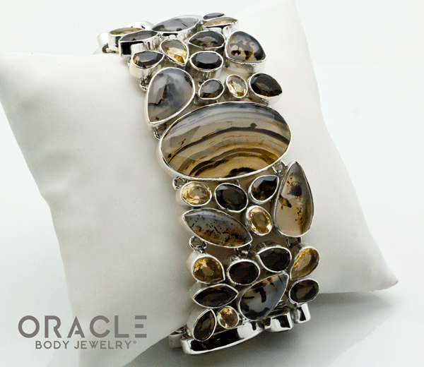 Sterling Silver Montana Agate Bracelet with Faceted Citrine and Smoky Quartz Accents