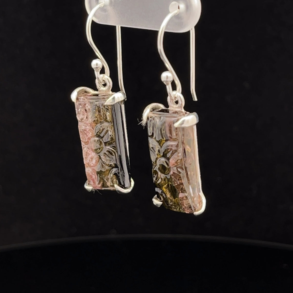Sterling Silver Carved Watermelon Tourmaline Earrings