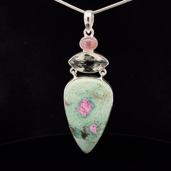 Sterling Silver Ruby In Fuschite, Green Amethyst and Ruby Pendant