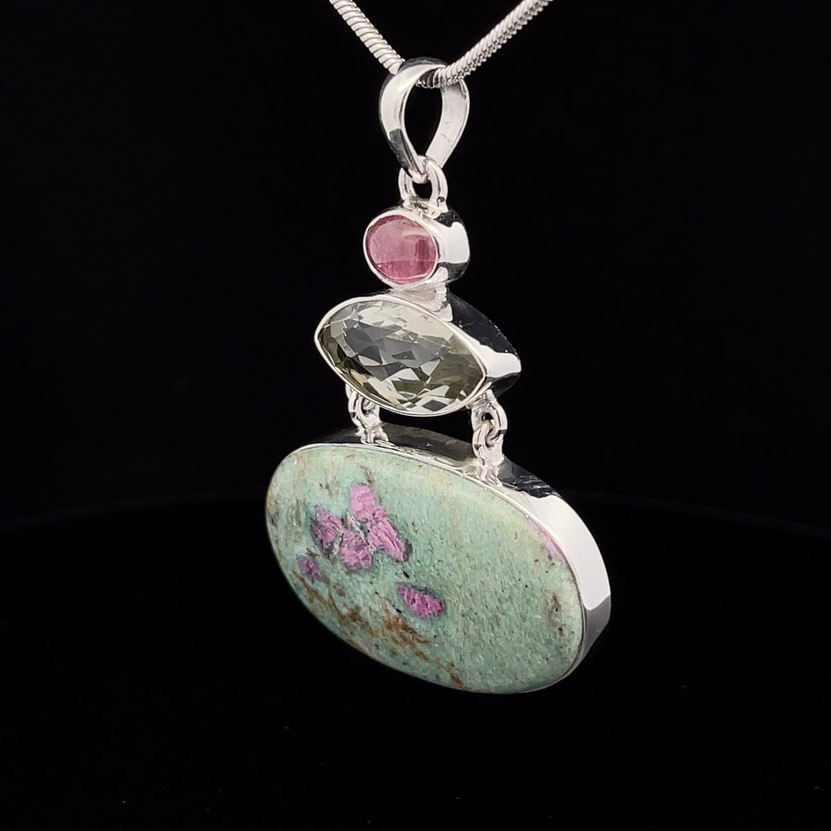 Sterling Silver Ruby In Fuschite, Green Amethyst and Ruby Pendant