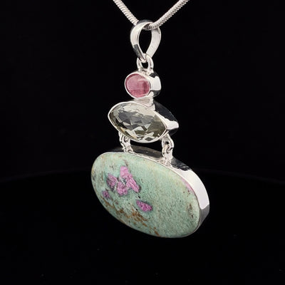Sterling Silver Ruby In Fuschite, Green Amethyst and Ruby Pendant