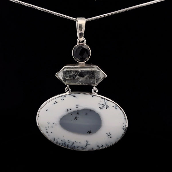 Sterling Silver Dendritic Opal, Quartz and Black Spinel Pendant