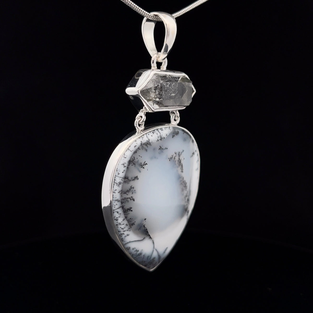 Sterling Silver Dendritic Opal and Herkimer Diamond Pendant