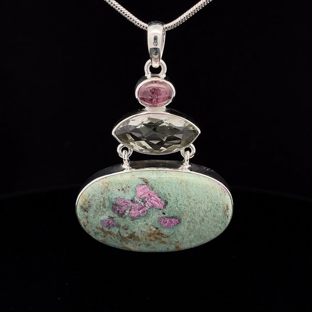 Sterling Silver Ruby In Fuschite, Green Amethyst and Ruby Pendant